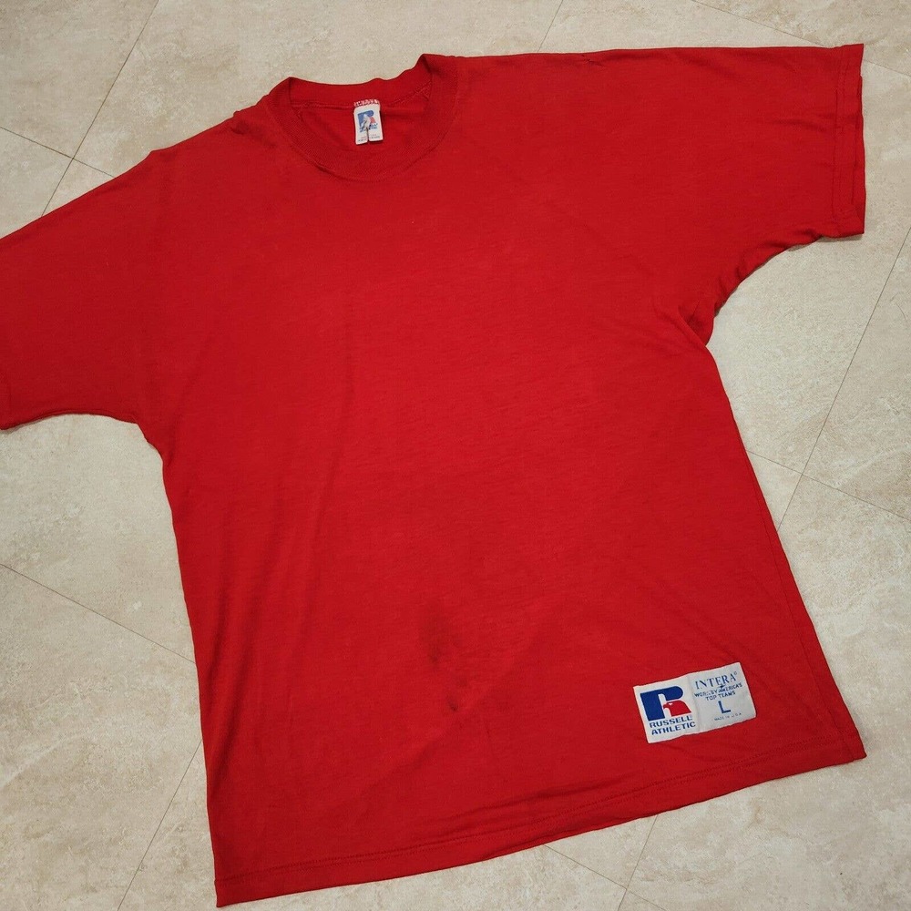 VTG 80s Russell Athletic Mens L Large USA Made Distressed‎ Stained T Shirt Blank